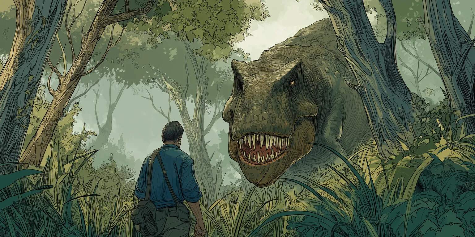 Illustrated scene from Jurassic Park